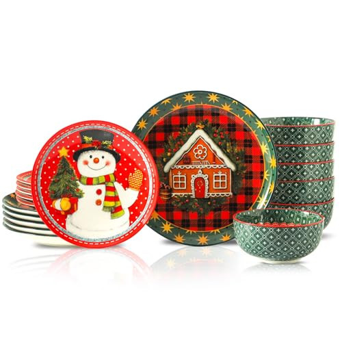 HASENSE 18 Pieces Dinnerware Sets for 6, Christmas Plates and Bowls Set for Valentie's Day, Ceramic Chip Resistant Tableware Dishes Set, Scratch Resistant Microwave and Dishwasher Safe, Multicolor | Amazon (US)