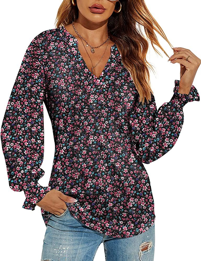 Romanstii Women Casual V-Neck T-Shirts Loose Puff Short-Sleeve Tops Tunic Blouse | Amazon (US)