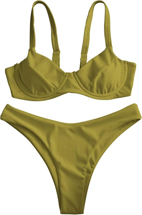 ZAFUL Women's Ribbed Underwire Bikini High Cut V Notch Smocked Swimwear Printed High Leg Swimsuit | Amazon (US)