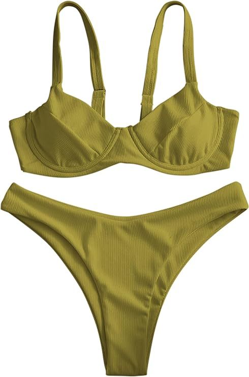 ZAFUL Women's Ribbed Underwire Bikini High Cut V Notch Smocked Swimwear Printed High Leg Swimsuit | Amazon (US)
