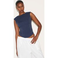 Navy Striped Cotton Tailored Sleeveless Top, Navy | PrettyLittleThing IE