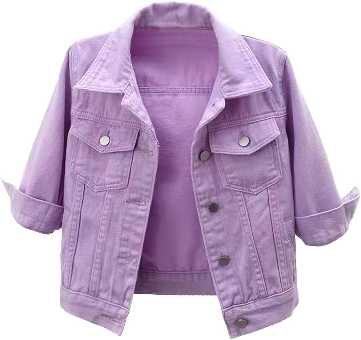 Locachy Womens 3/4 Sleeve Short Denim Jacket Lapel Button Down Cropped Trucker Jean Jackets Coats | Amazon (US)