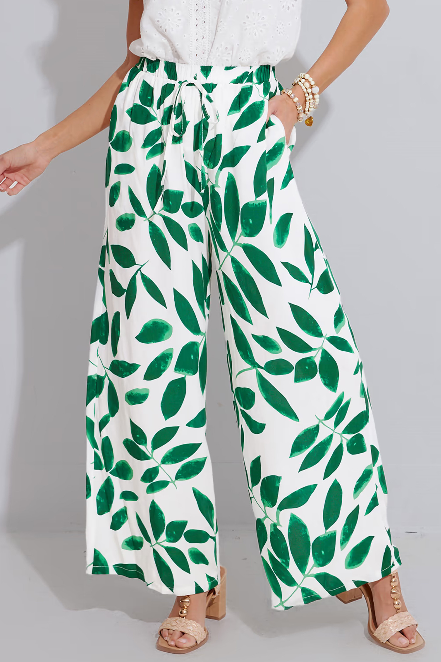 White & Green Tropical Leaf Drawstring Cover-up Pants - L | Cupshe US