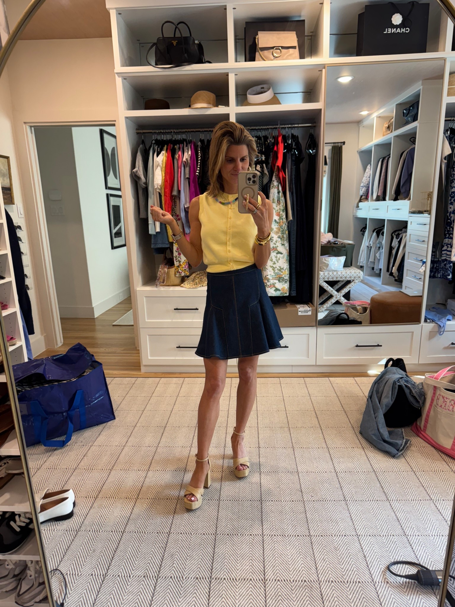 Top: ASTR (Nordstrom) - wearing XS
Skirt: Paige - wearing 00
Shoes: Sam Edelman
Bracelet: Tuckernuck + Amazon
Necklace: Amazon
Earrings: Allie+Bess 
Ring: Old Madewell