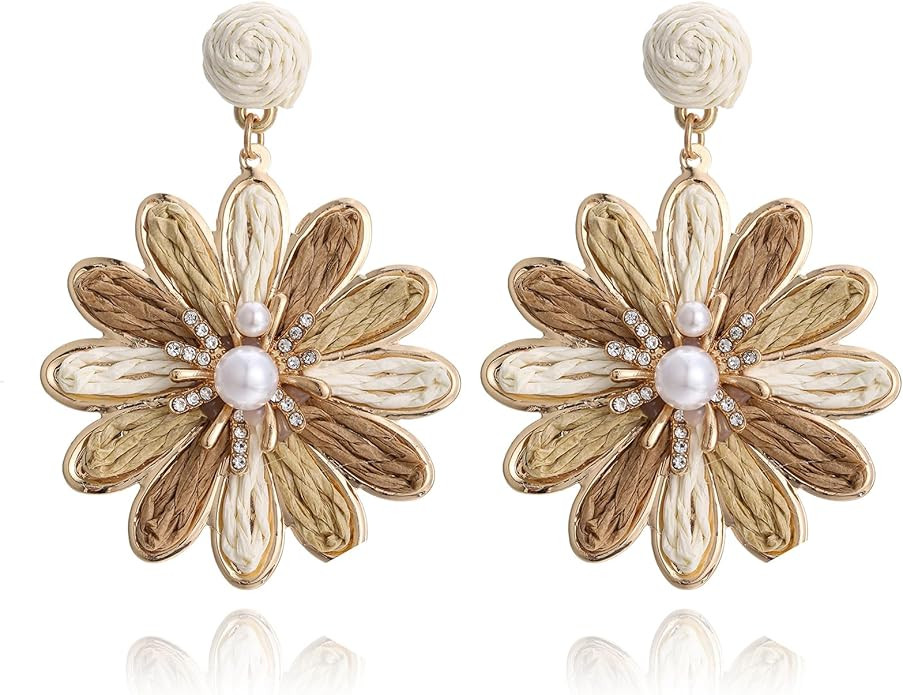 Boho Raffia Flower Earrings for Women – Lightweight Dangle Jewelry, Summer Beach Vacation Acces... | Amazon (US)