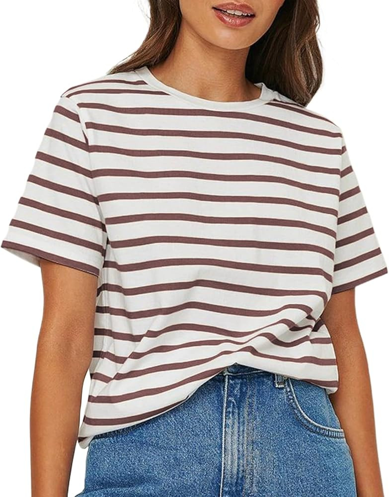 Women's Short Sleeve Striped T-Shirt - Crew Neck Classic Cotton Tee, Loose Fit Casual Comfy Breto... | Amazon (US)