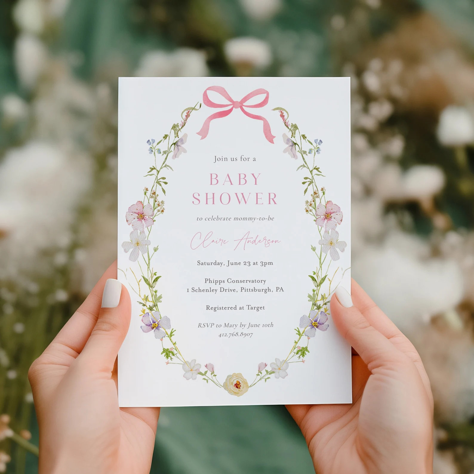 Wildflower Baby Girl Shower Invitation, Floral Wreath With Pink. Bow, Templett Printable, Edit & ... | Etsy (US)