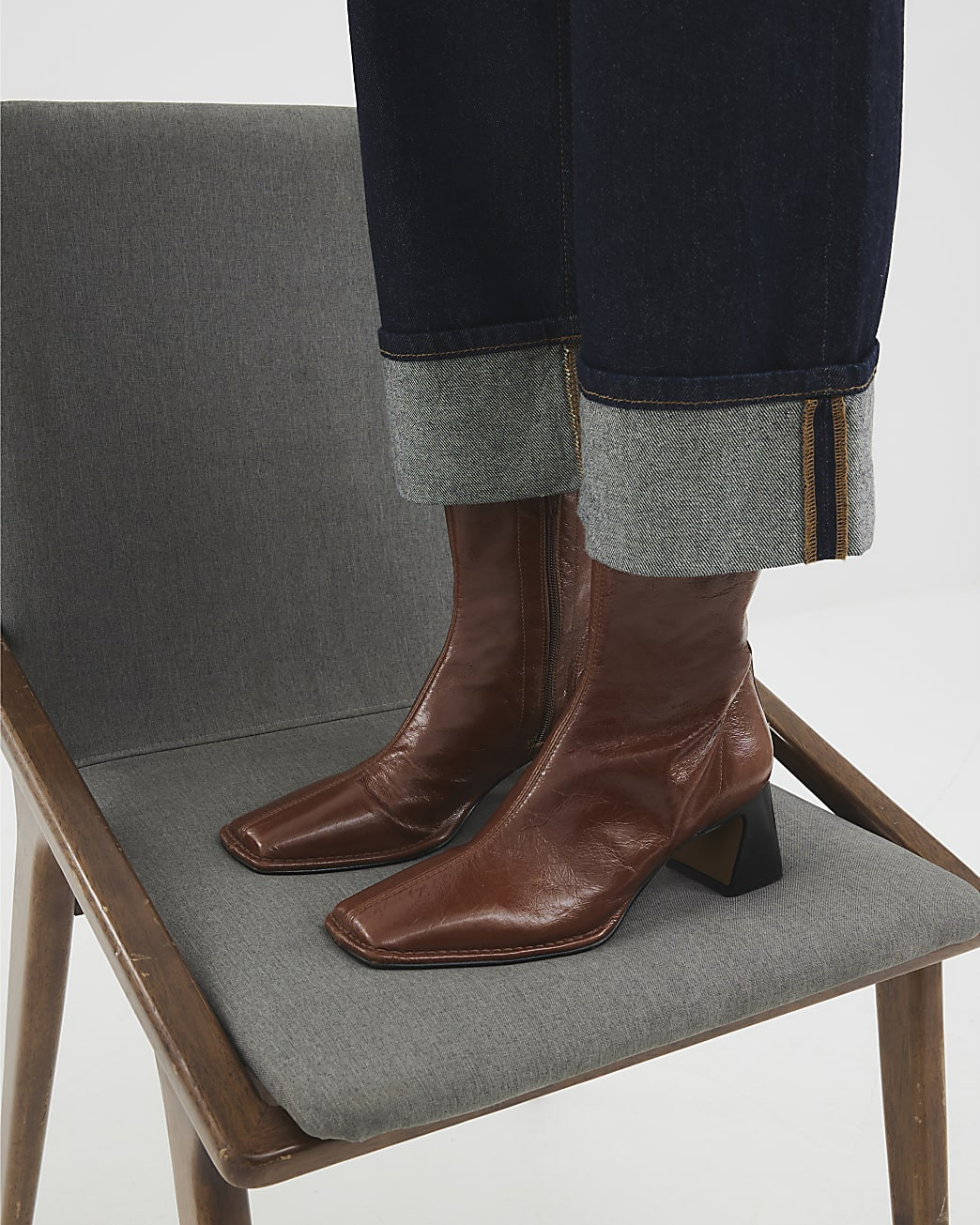 Brown Leather Stitched Block Heeled Boots | River Island UK & IE