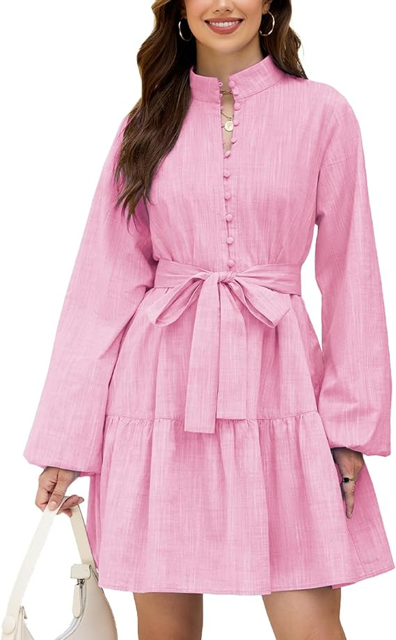 YEXPINE Women's Long Puff Sleeve Cotton Linen Dress Button Up Belted Ruffle Hem Tiered Mini Dress | Amazon (US)