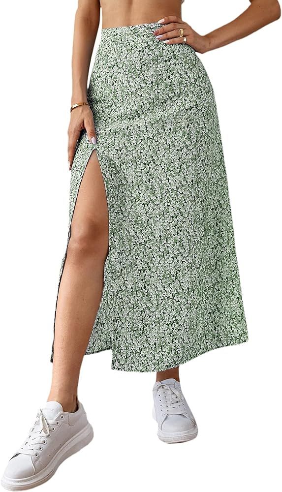 Milumia Women's Floral Print High Waist Midi Skirt High Side Split Boho Skirt | Amazon (US)