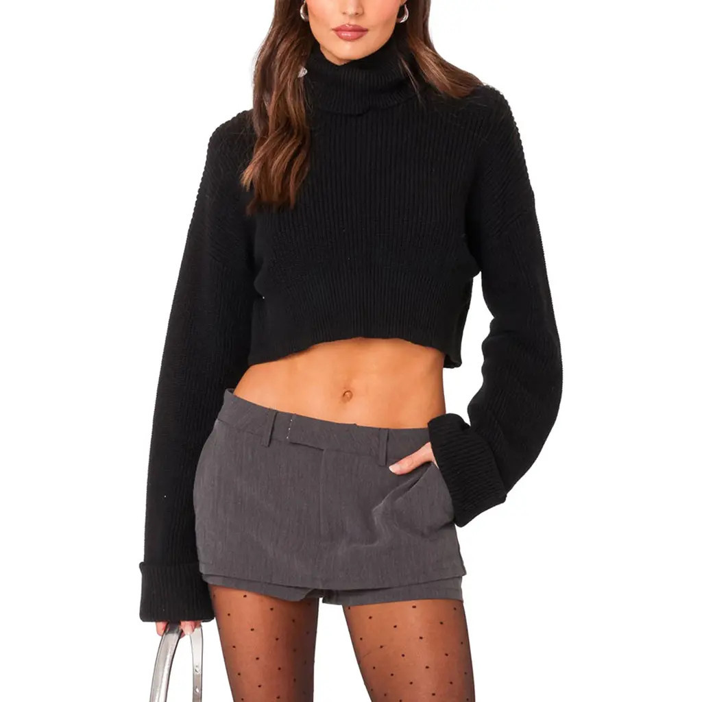 EDIKTED Oversize Turtleneck Rib Crop Sweater in Black at Nordstrom, Size Medium | Nordstrom