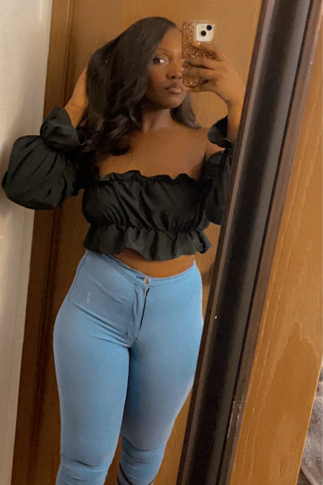 One of my favorite crops to dress up or down. A ruffled off the shoulder crop. 
