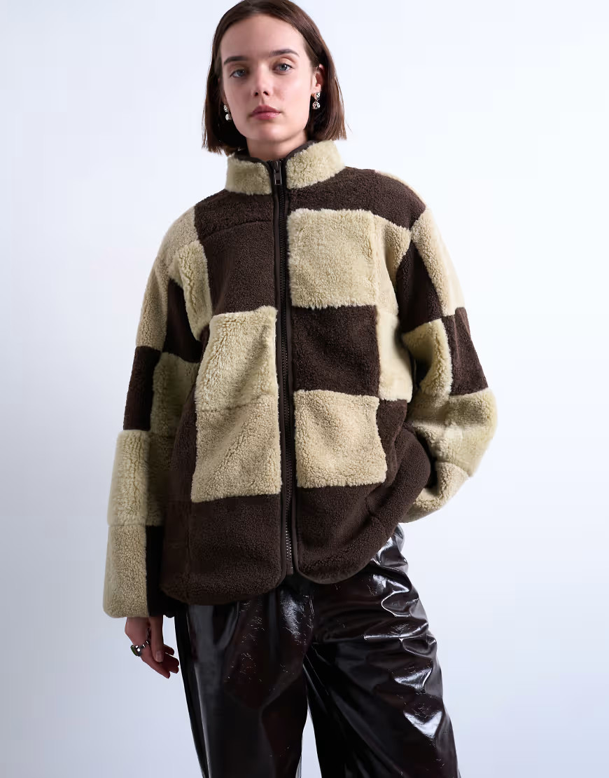 Topshop teddy checkerboard fleece jacket with quilted lining in brown and cream | ASOS (Global)