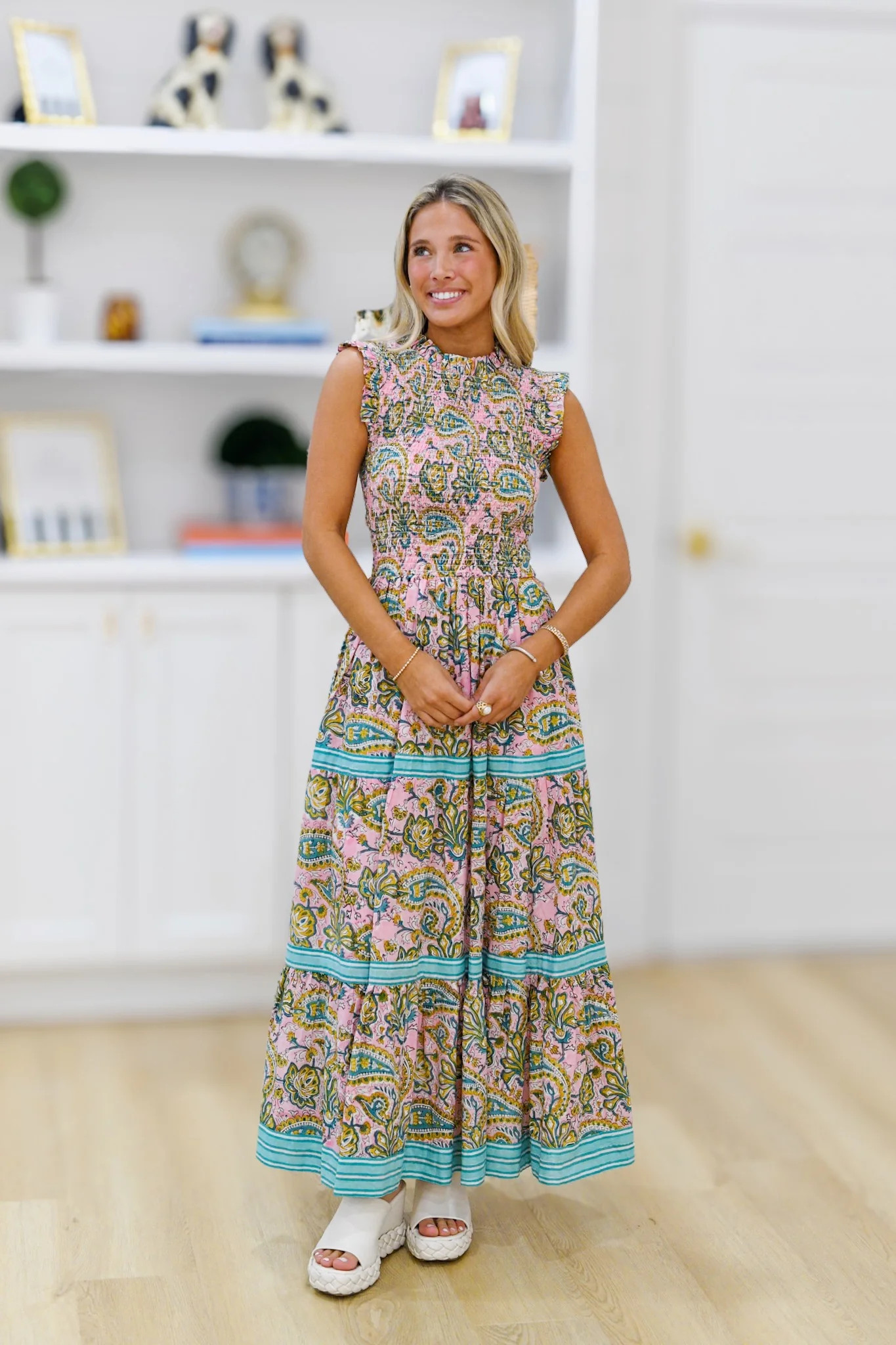 Lily Smocking Tier Maxi Dress -Pink/Green | Fancyd Boutiqe