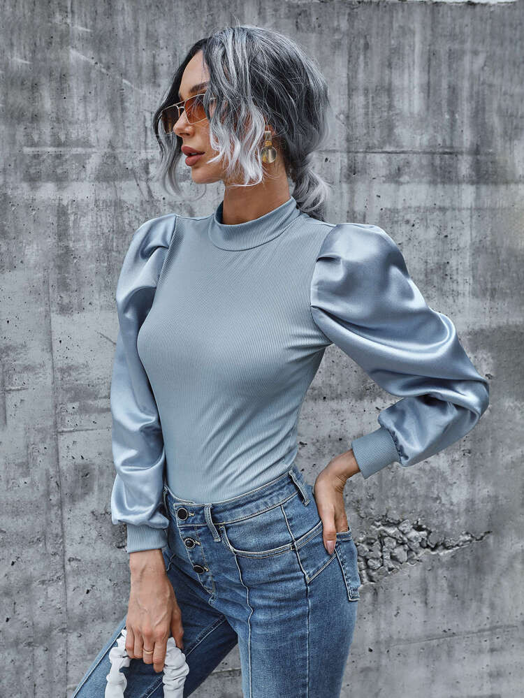 Mock Neck Lantern Sleeve Rib-knit Top | SHEIN