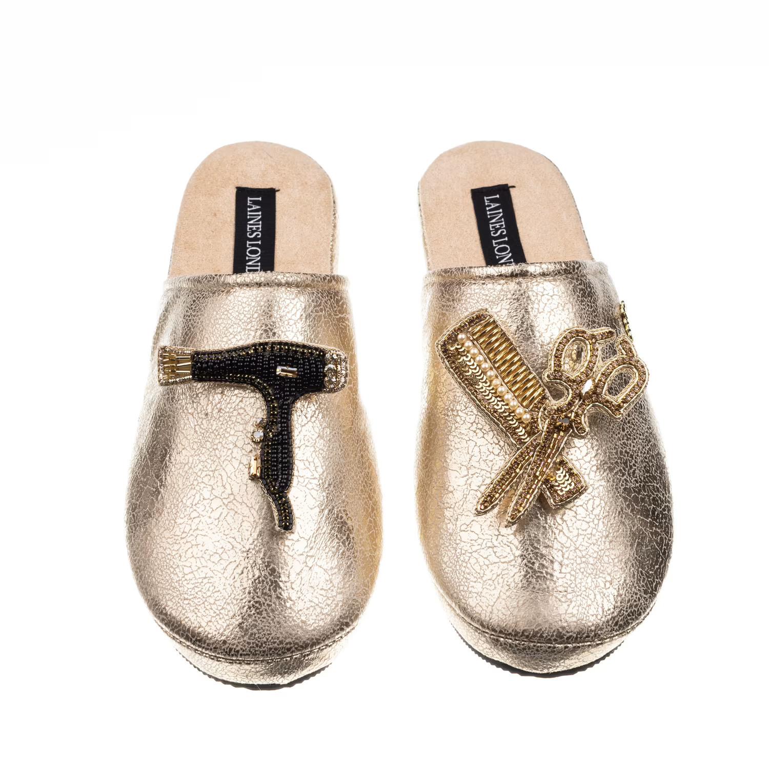 Laines London Gold Softie Slippers With Hairdresser Brooches | Wolf & Badger