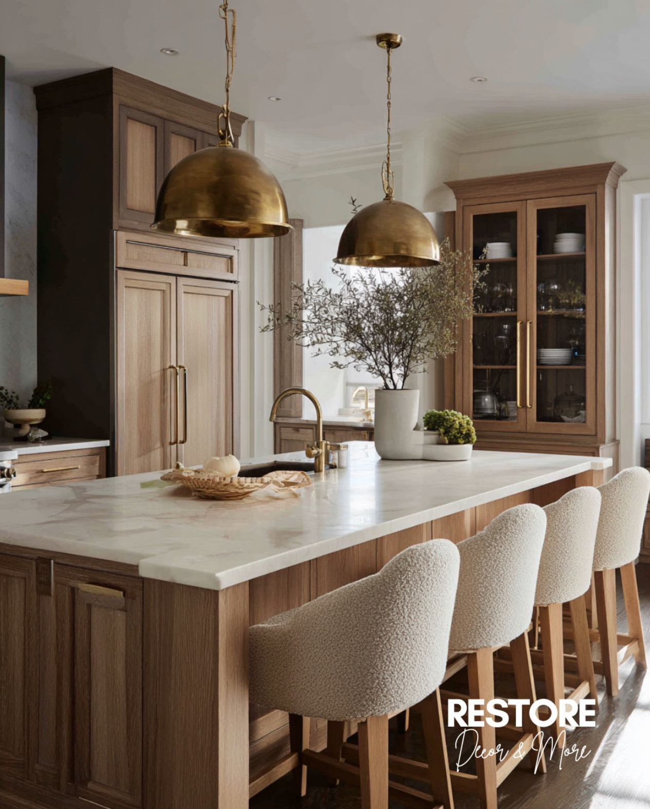Can we talk about this kitchen? The warm wood tones, boucle stools, and brass accents are everything right now. If you're into this style, I found lookalike pieces so you can recreate the vibe without the reno 👏🏼
#KitchenInspo #LTKhome #NeutralKitchen #ModernOrganicStyle #BrassPendantLights #BoucleBarStools #KitchenDecorGoals #WarmWoodKitchen #RecreateTheLook #InteriorFinds 

 #LTKHome
