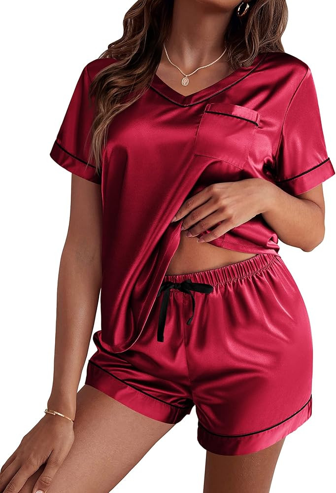 Ekouaer Women's Satin Short Sleeve V-Neck Pajama Set | Amazon (US)