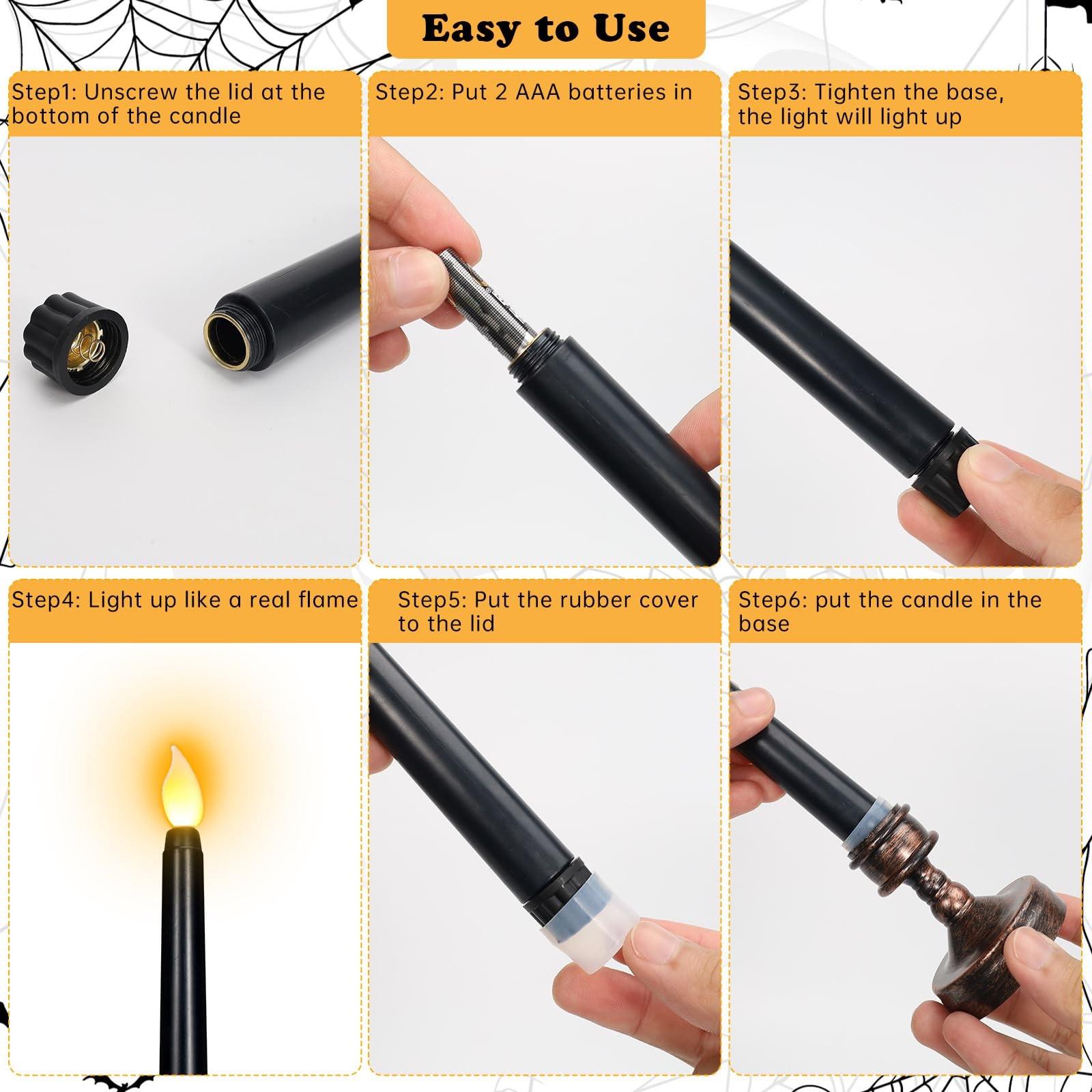 YUNVI Sets of 8 Black Halloween Candles,Flameless Taper Candles with Base,LEDs Candlesticks,Plast... | Amazon (US)