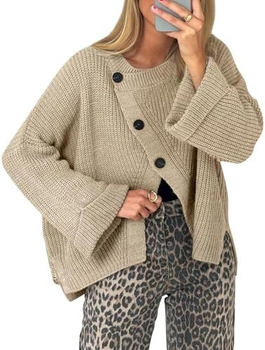 Balimtoy Chunky Cardigan Sweaters for Women Long Sleeve Crewneck Button Down Loose Pullover Sweat... | Amazon (US)