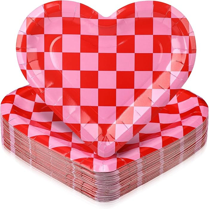Havawish 50 Pcs Valentine's Day Party Plates Heart Shaped Checkered Pink Red Dessert Disposable P... | Amazon (US)