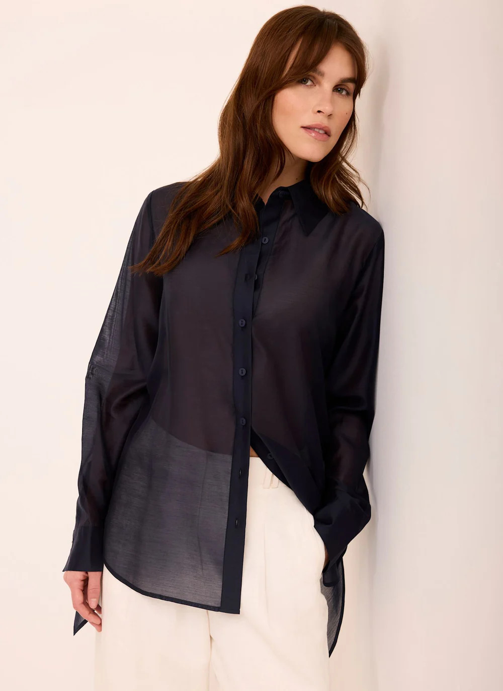 Navy Longline Tie Back Sheer Shirt | Mint Velvet