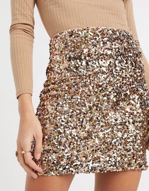 ASOS DESIGN sequin mini skirt in gold | ASOS (Global)