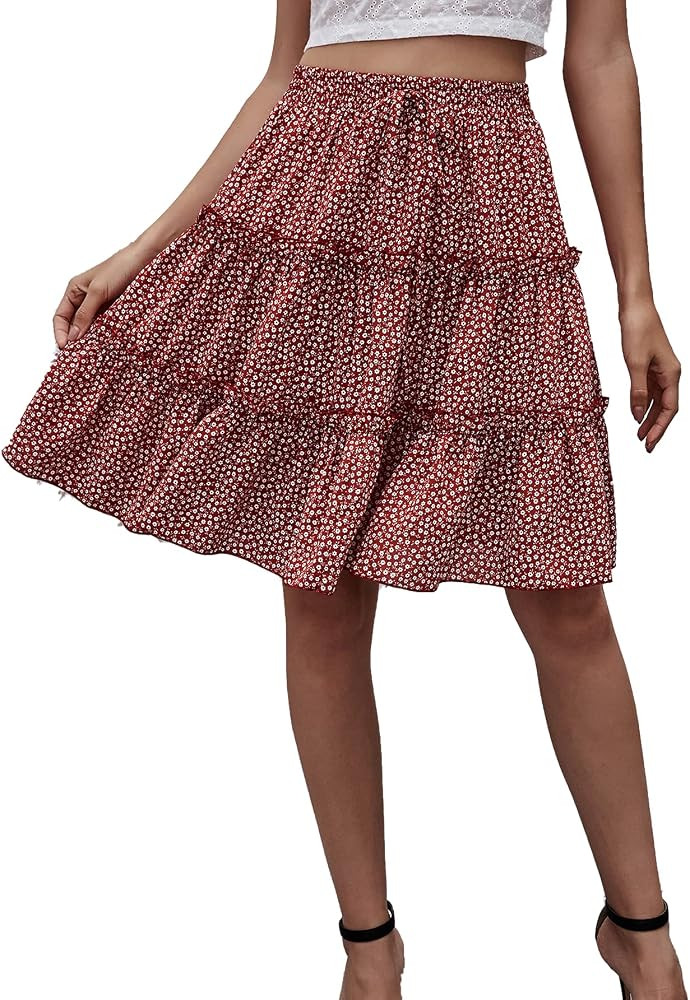 WDIRARA Women's Floral Print Ruffle Hem Elastic High Waist Tie Front Skirt | Amazon (US)