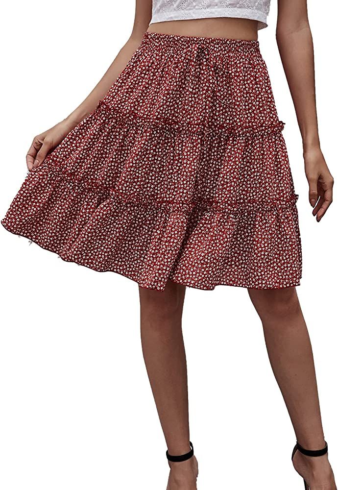 WDIRARA Women's Floral Print Ruffle Hem Elastic High Waist Tie Front Skirt | Amazon (US)
