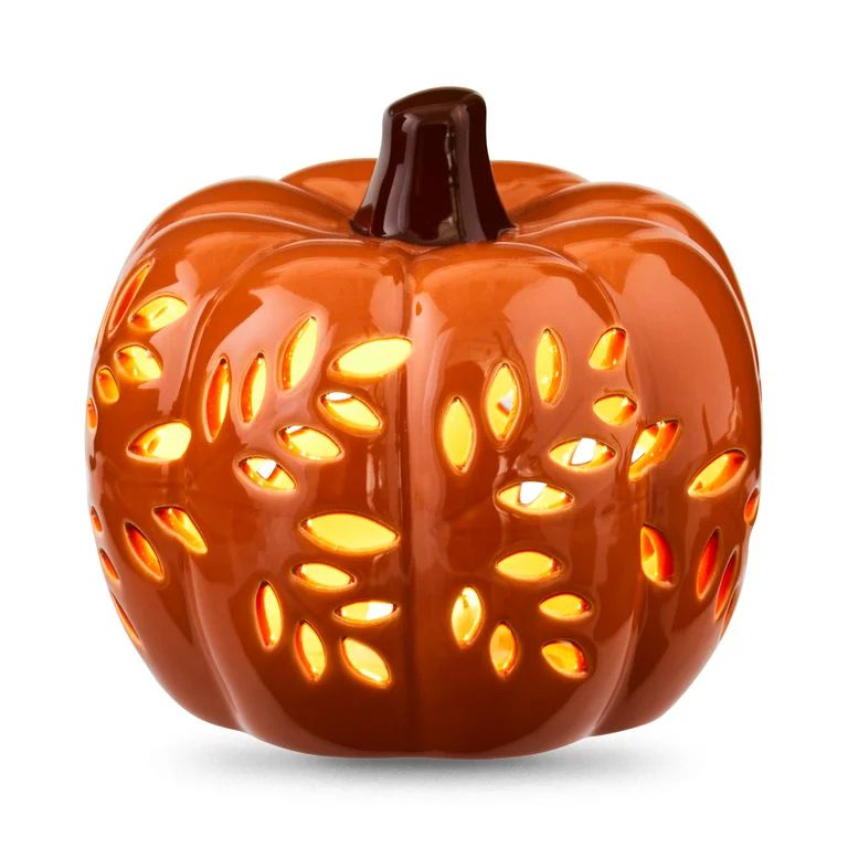 Harvest Orange Light Up Pumpkin Decoration, Ceramic, 4", by Way to Celebrate | Walmart (US)