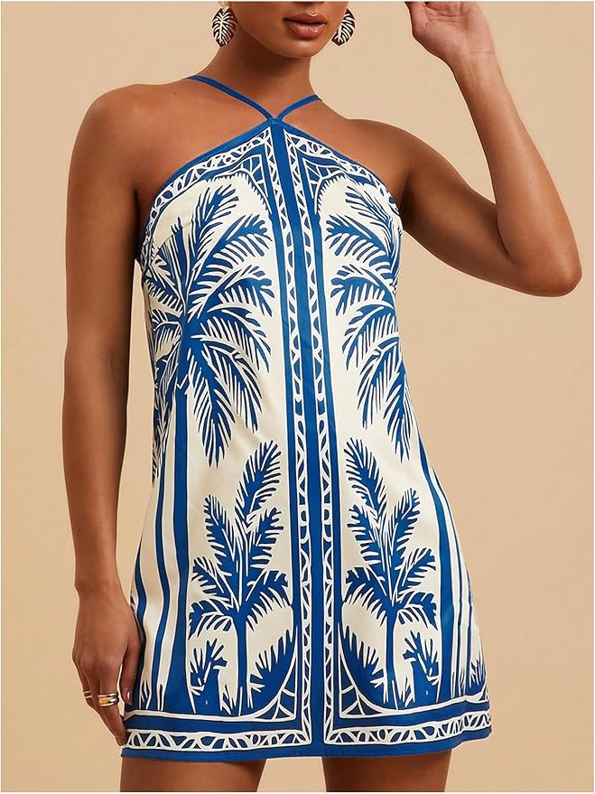 MakeMeChic Women's Backless Dress Tropical Vacation Outfits Halter Cami Summer Boho Beach Mini Dr... | Amazon (US)