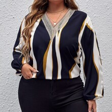 Plus Colourblock Guipure Lace Panel Lantern Sleeve Blouse | SHEIN