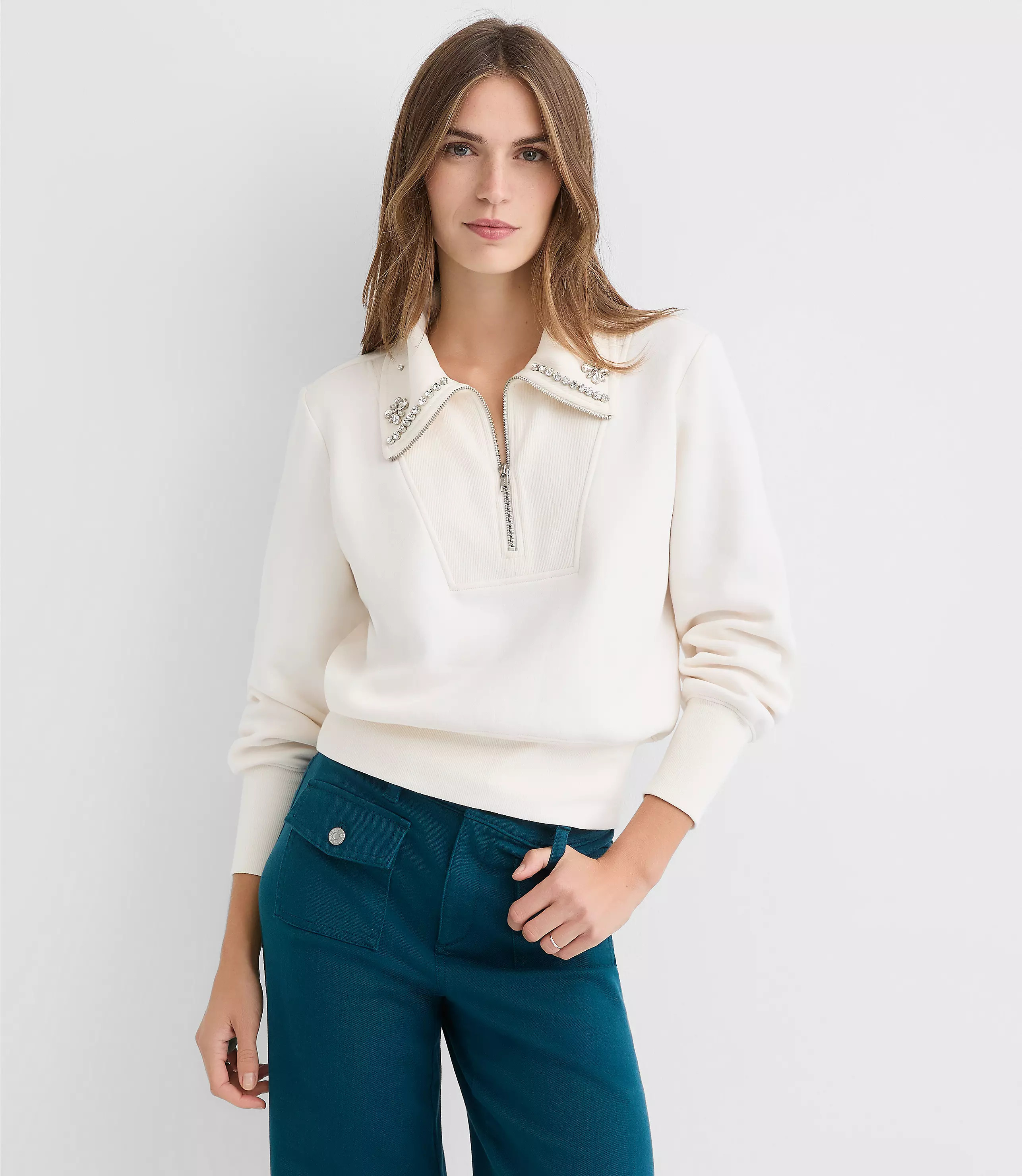 Sparkle Collared Half Zip Sweatshirt | LOFT