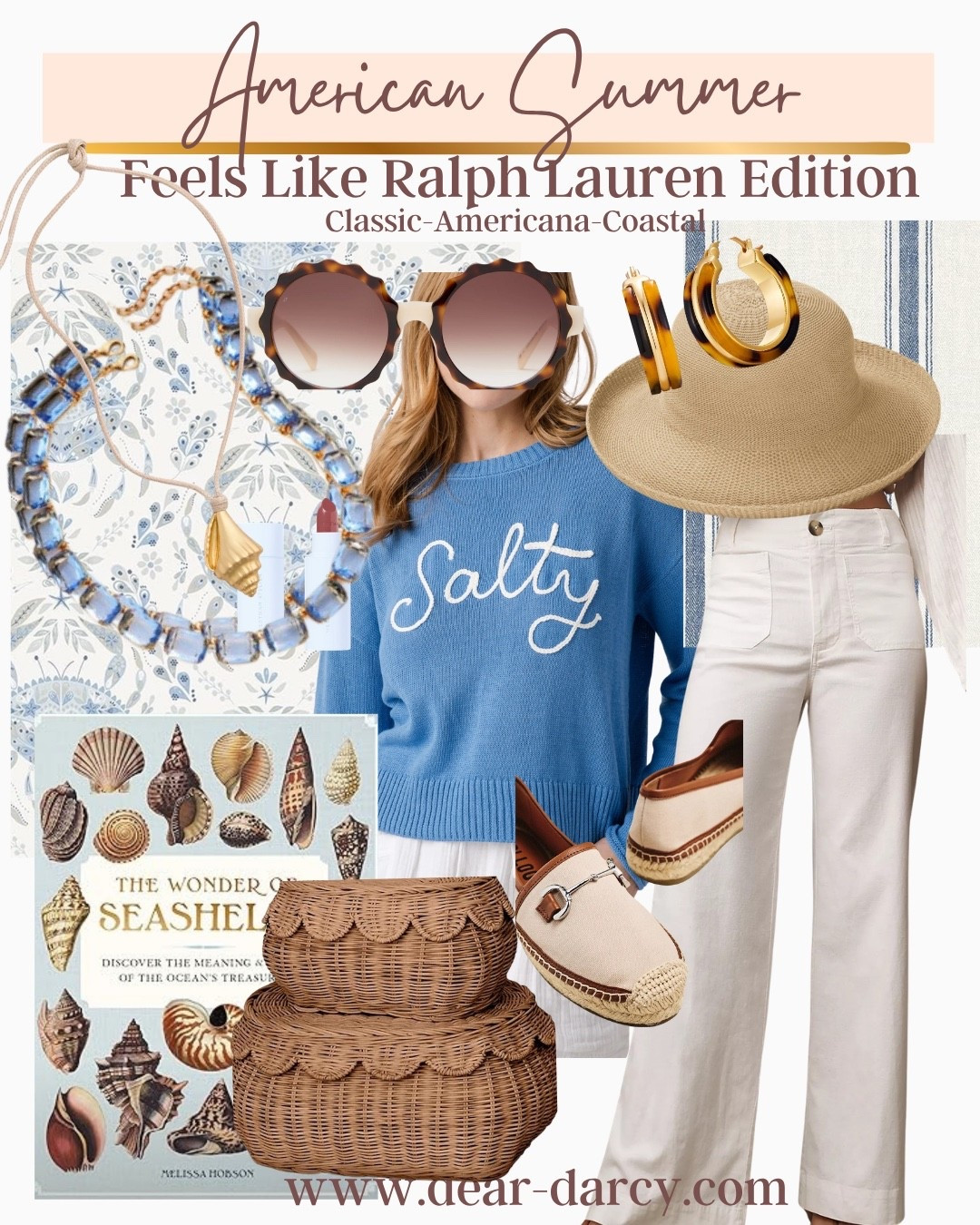 American Summer coastal vibe

Outfit Inspiration perfect for Summer… 

Salty sweater
White jeans 
Scallop baskets stackable
Espadrille shoes with horse-bite details 
Shells book
Sunglasses 
Necklace blue stone
Straw hat 
Gold  coastal necklace

#LTKootd #LTKOver40 #LTKSeasonal