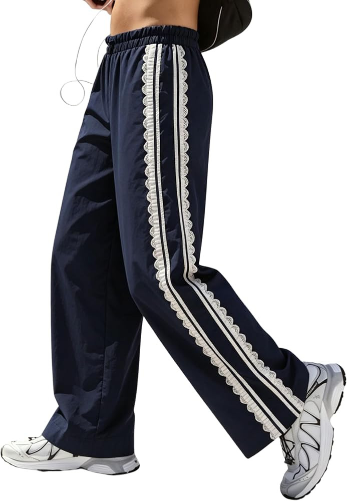 MINSURE Women's Baggy Wide Leg Track Pants Lace Side Stripe Elastic Waist Drawstring Hiking Pants... | Amazon (US)