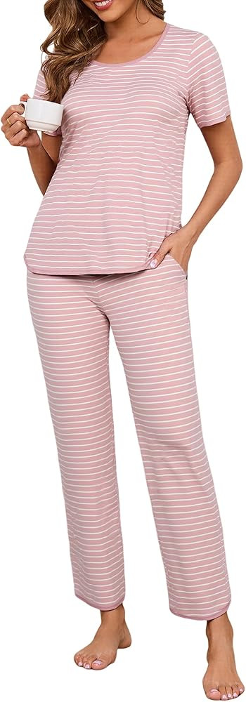 Womens Pajama Sets Cotton 2 Piece Lounge Set Stripe Short Sleeve Pj Set Comfy Loungewear Sleepwea... | Amazon (US)