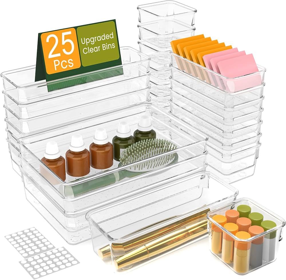 25PCS Extra Sturdy Clear Plastic Drawer Organizer Trays with 100pcs Non-Slip Pads, 4 Sizes Desk D... | Amazon (US)