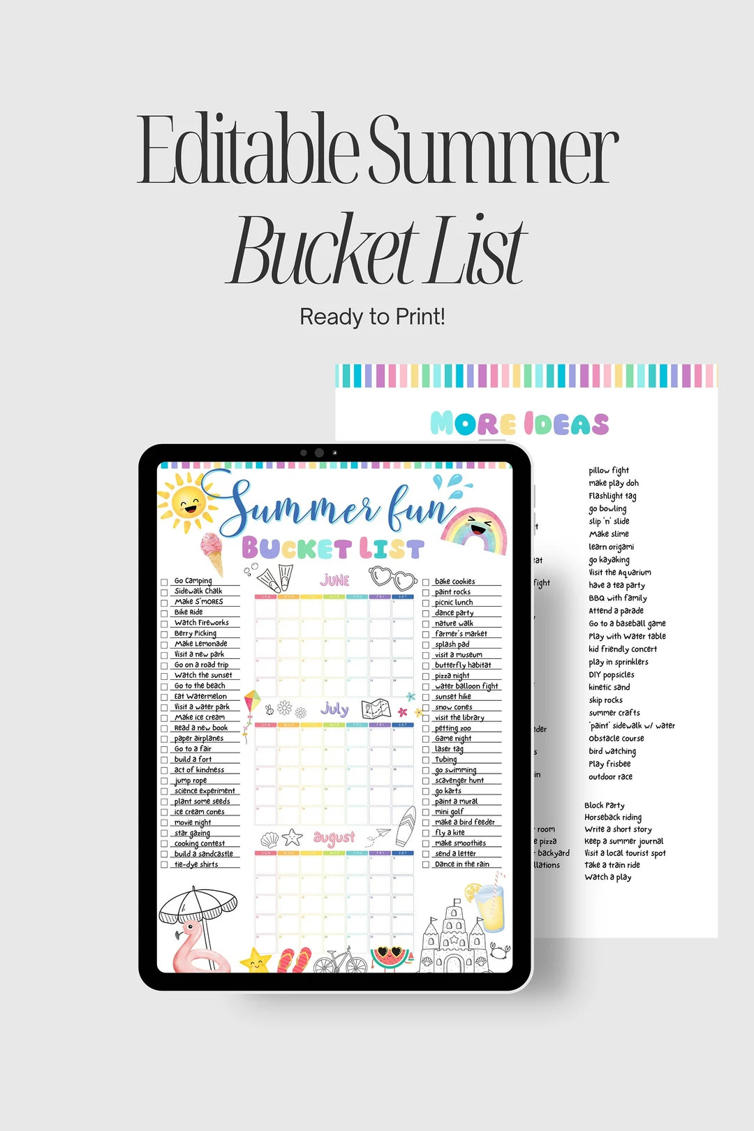 Editable Summer Calendar Printables Instant Digital Download Summer Fun Bucket List Printable Tem... | Etsy (US)