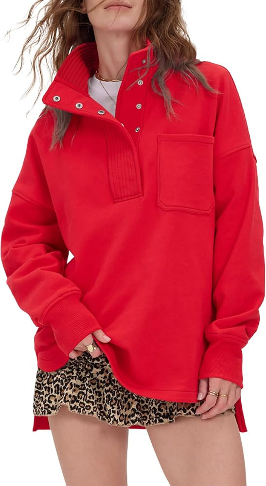 Locachy Womens Oversized Sweatshirt Snap Button Henley Neck Fashion Outfits | Amazon (US)