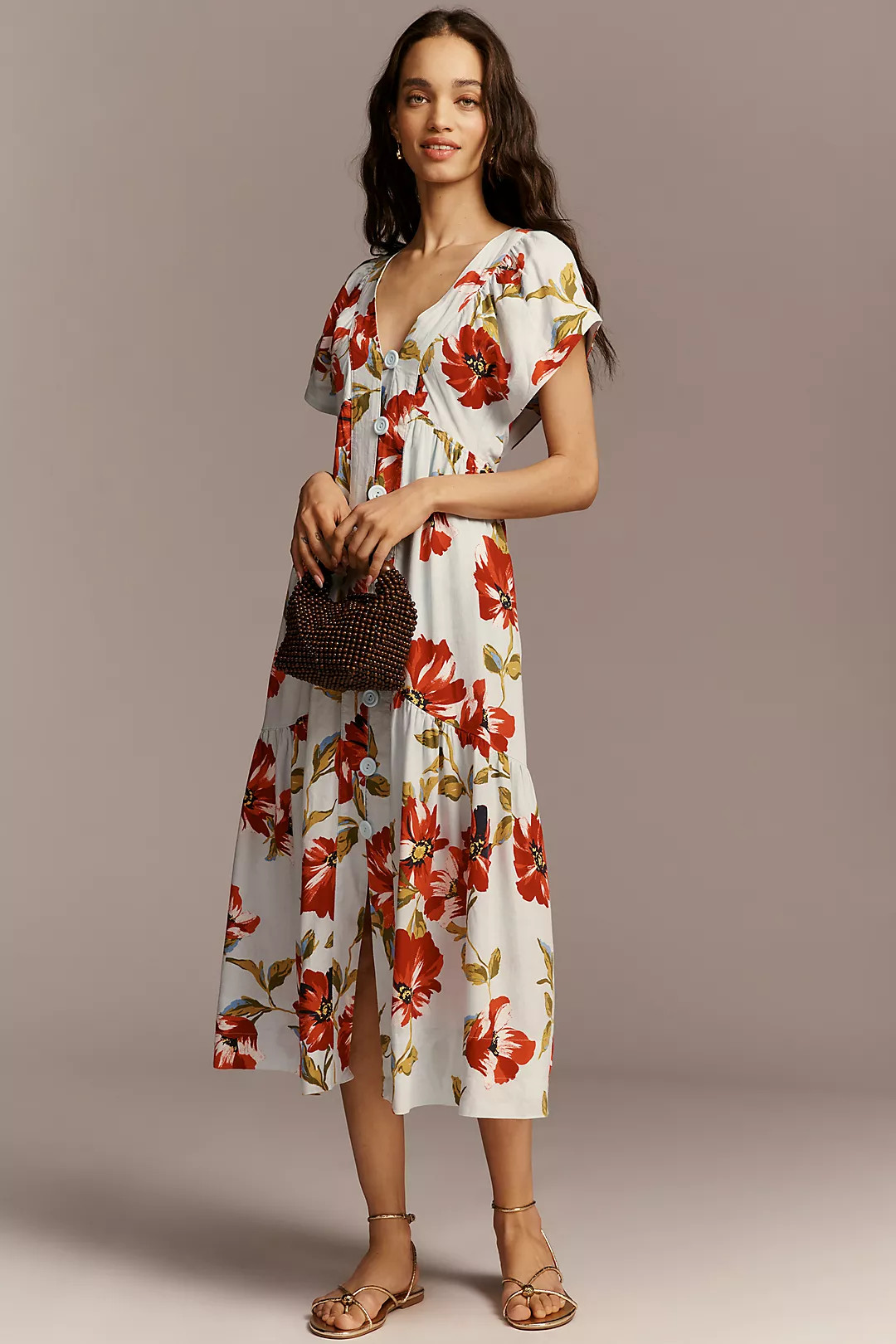 Rene\u00e9 Flutter-Sleeve Linen Button-Front Midi Dress | Anthropologie (US)