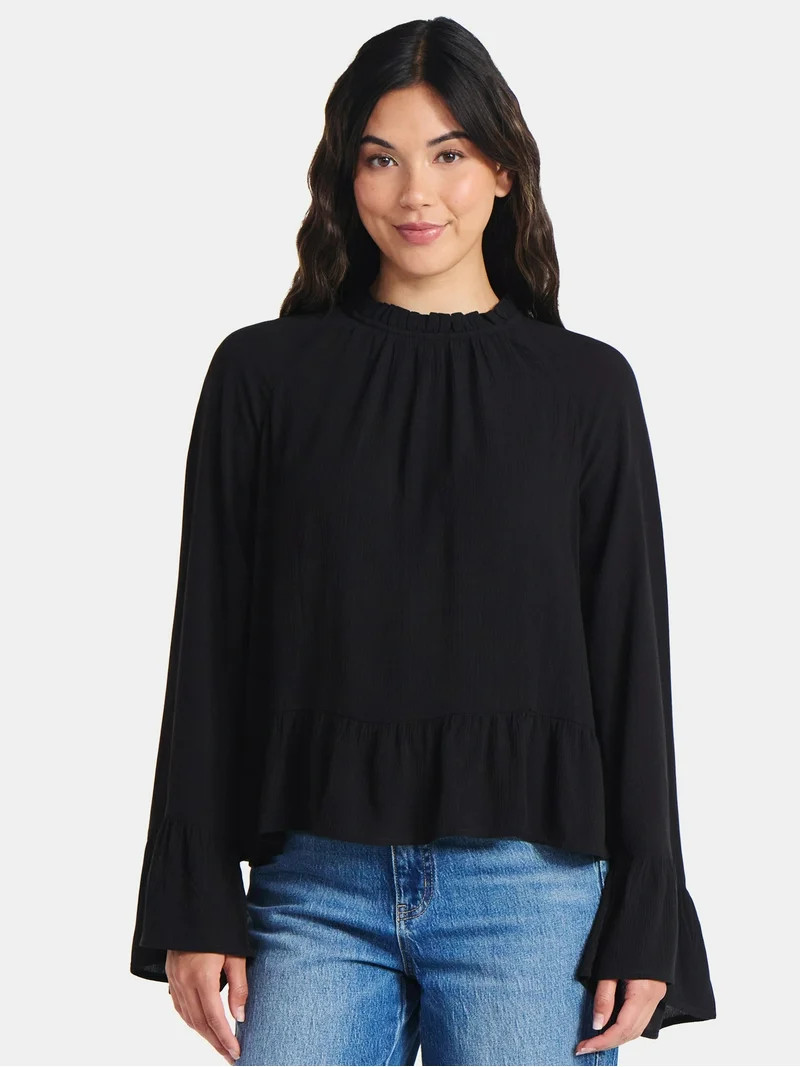 Time and Tru Women's Ruffle Neck Blouse with Long Bell Sleeves, Size XS-XXXL - Walmart.com | Walmart (US)
