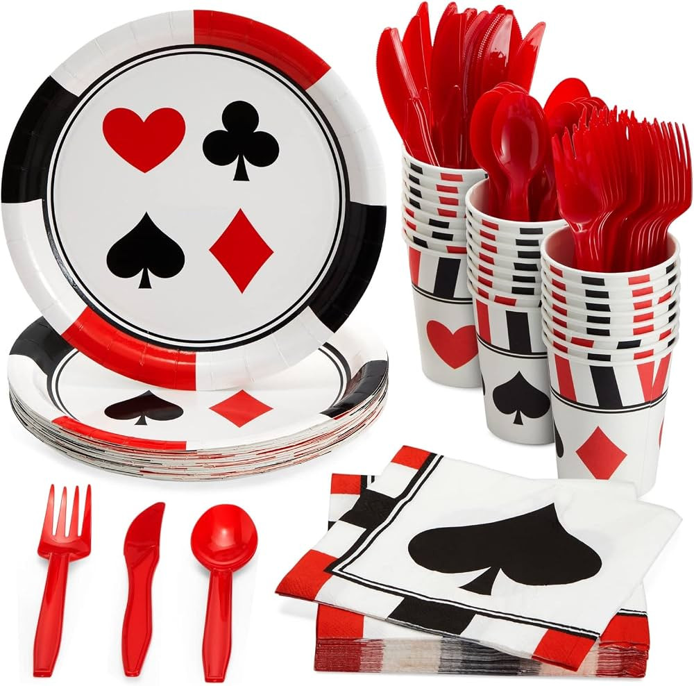 144 Piece Casino Theme Birthday Party Decorations, Dinnerware Set with Plates, Napkins, Cups, Cut... | Amazon (US)