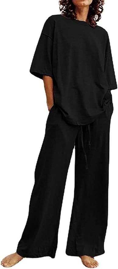 ETCYY NEW Women's Two Piece Outfits Oversize Baggy Round Neck Short Sleeve Top And Wide Leg Long ... | Amazon (US)
