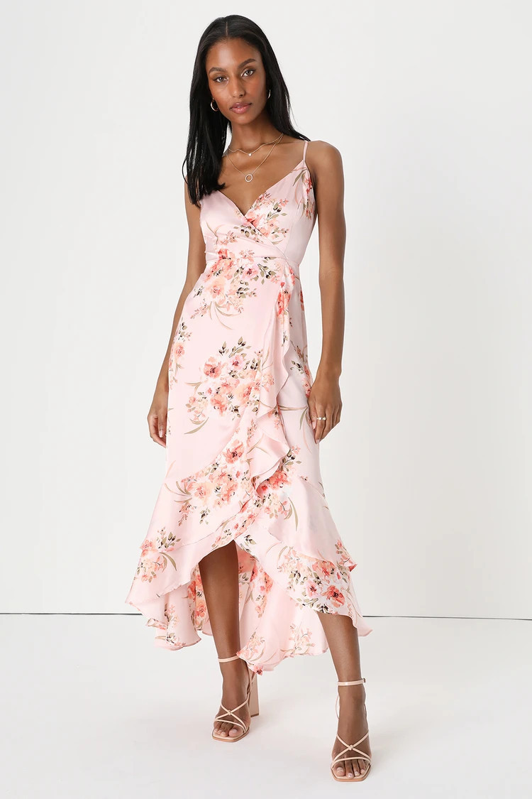 Remarkable Beauty Blush Pink Floral Satin Ruffled Midi Dress | Wedding Guest Dress #LTKwedding | Lulus (US)