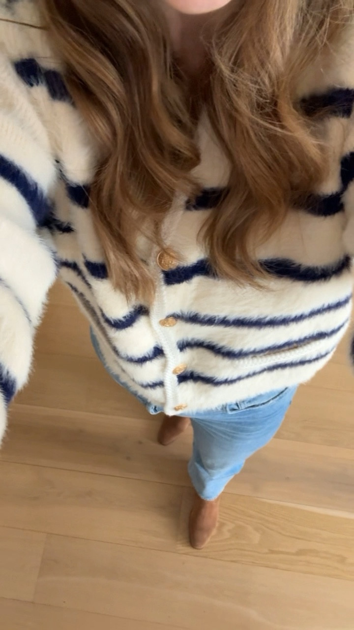 Fuzzy and warm striped cardigan. Wear by itself, with a turtleneck, or with a tank top. 

#LTKworkwear #LTKSeasonal