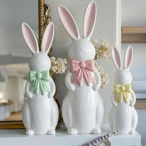 RattanView Easter Decorations 3 Pcs Ceramic Pastel Easter Bunny Decor Rabbit Figurine Spring Table Centerpieces Lively Cute Bunny for Home Spring Party Decorations | Amazon (US)