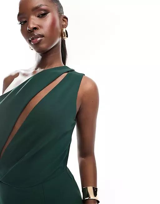 Vesper exclusive one shoulder cut out detail front spilt maxi dress in forest green | ASOS (Global)