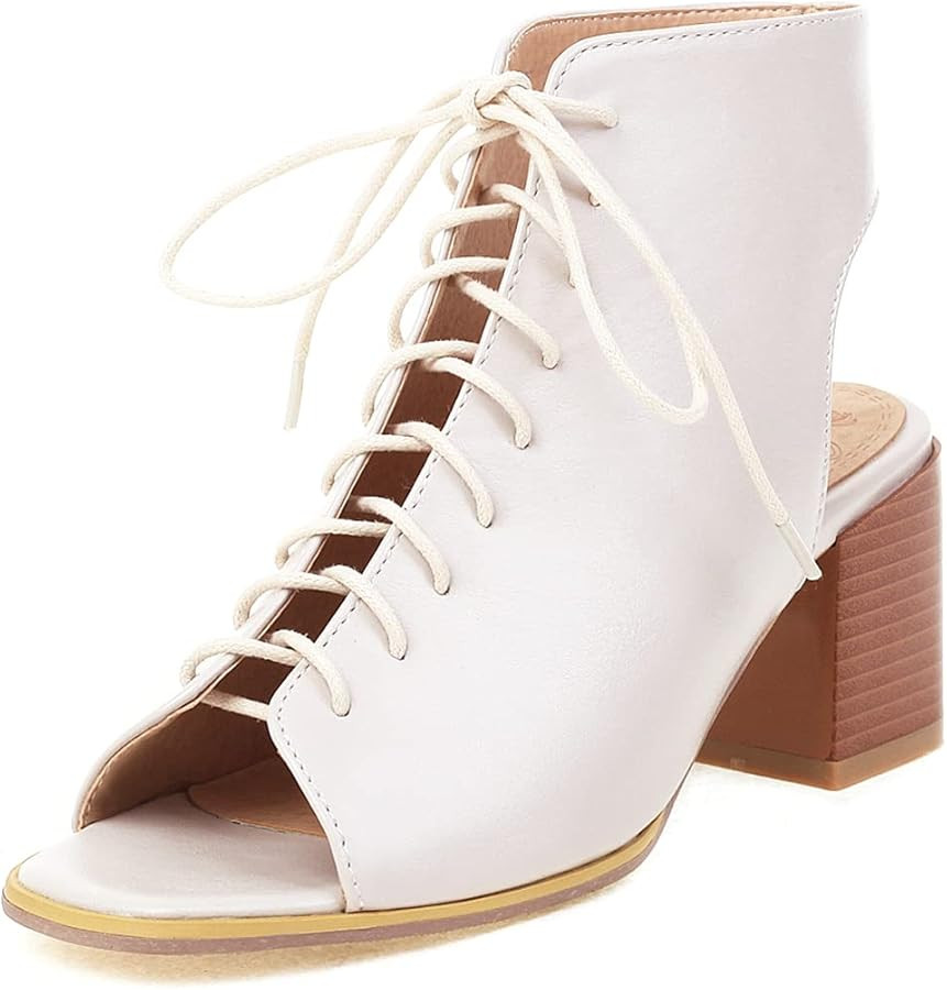VOKLIN Women's Fashion Peep Toe Chunky Block Mid Heel Sandals Shoes Lace Up Cutout Dress Pump San... | Amazon (US)