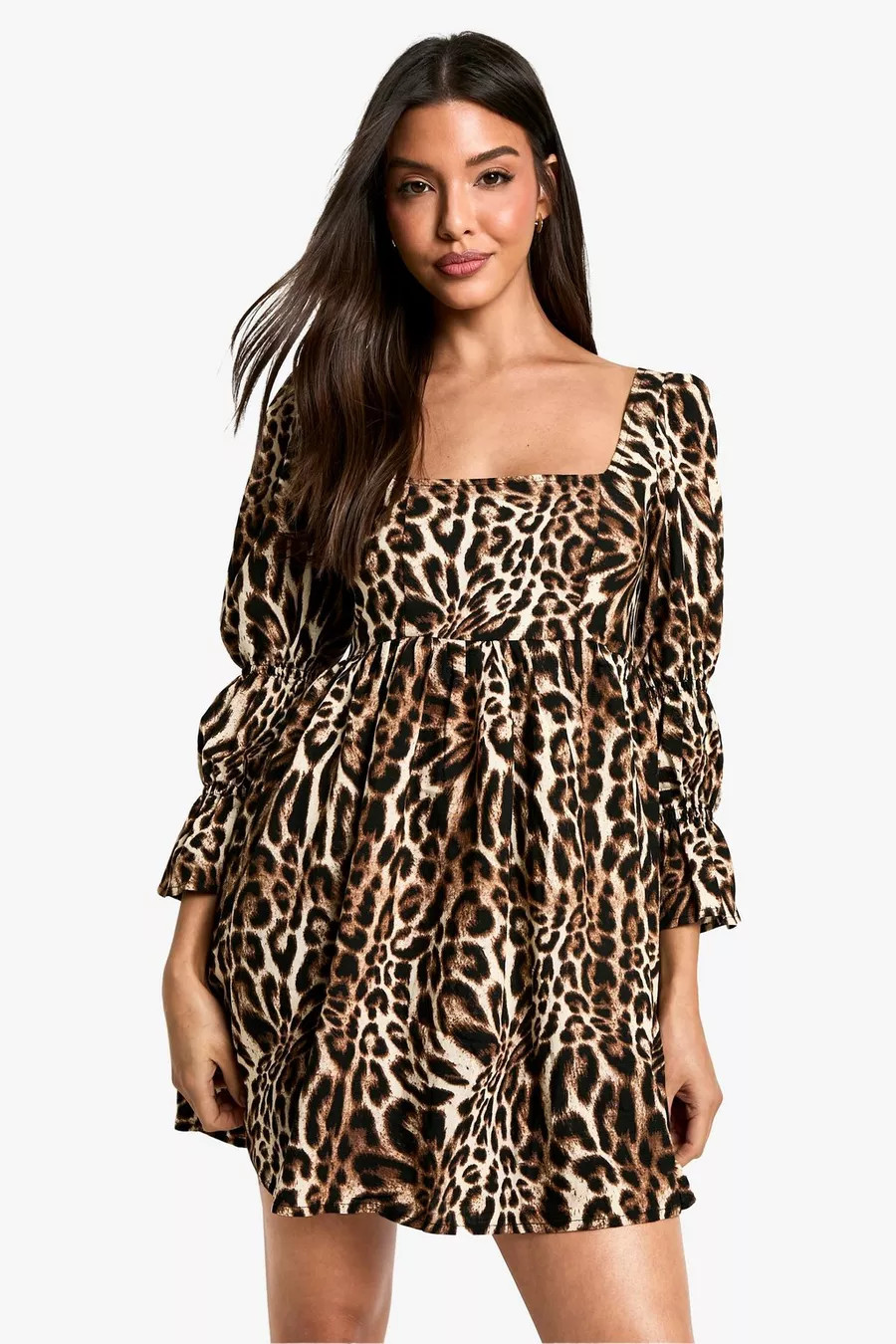Leopard Gathered Puff Sleeve Smock Dress | Boohoo.com (UK & IE)