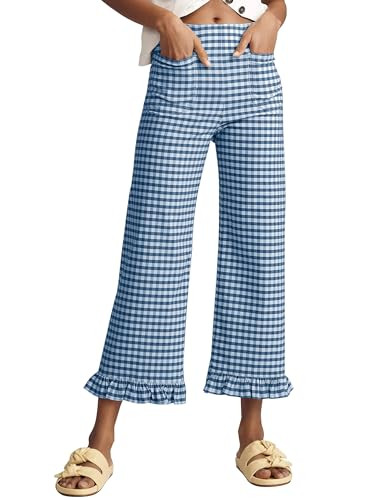 Women's Plaid Flare Pants Summer Casual Gingham Elastic Waist Ruffle Cropped Hem Y2K Loose Fit Tr... | Amazon (US)